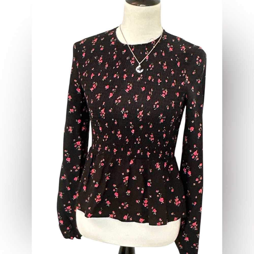 H&M Black Smocked Ruffled Blouse with Pink Rosebud Floral Design Size S